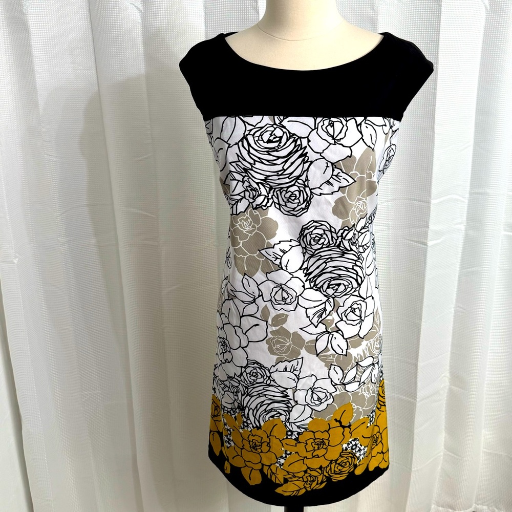 Signature by Sangria White Black and Yellow Sleeveless Sheath Dress, Size 16 - Picture 1 of 8